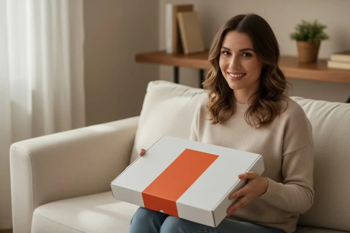 E-ticaret kargo kutusu — minimalist masaüstü sahnesi